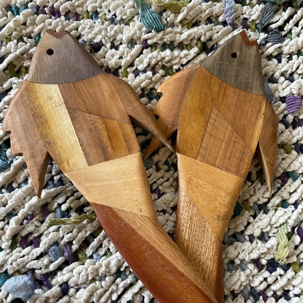 Artisan Crafted Wooden Fish Salad‎ Servers Spoon & Fork Set Unique Kitchen VTG
